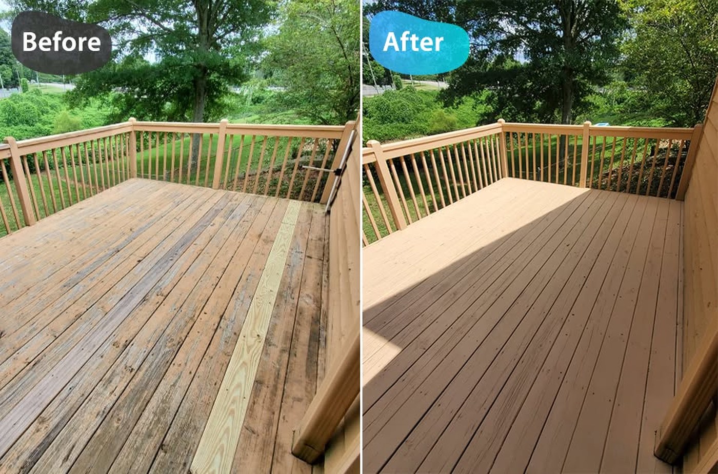 Weathered deck before and after cleaning and staining