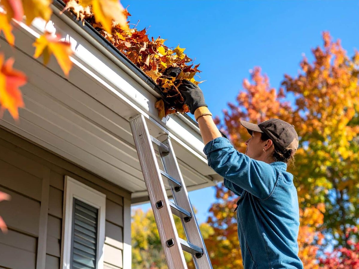 Clearing leaves from a gutter by hand from a ladder