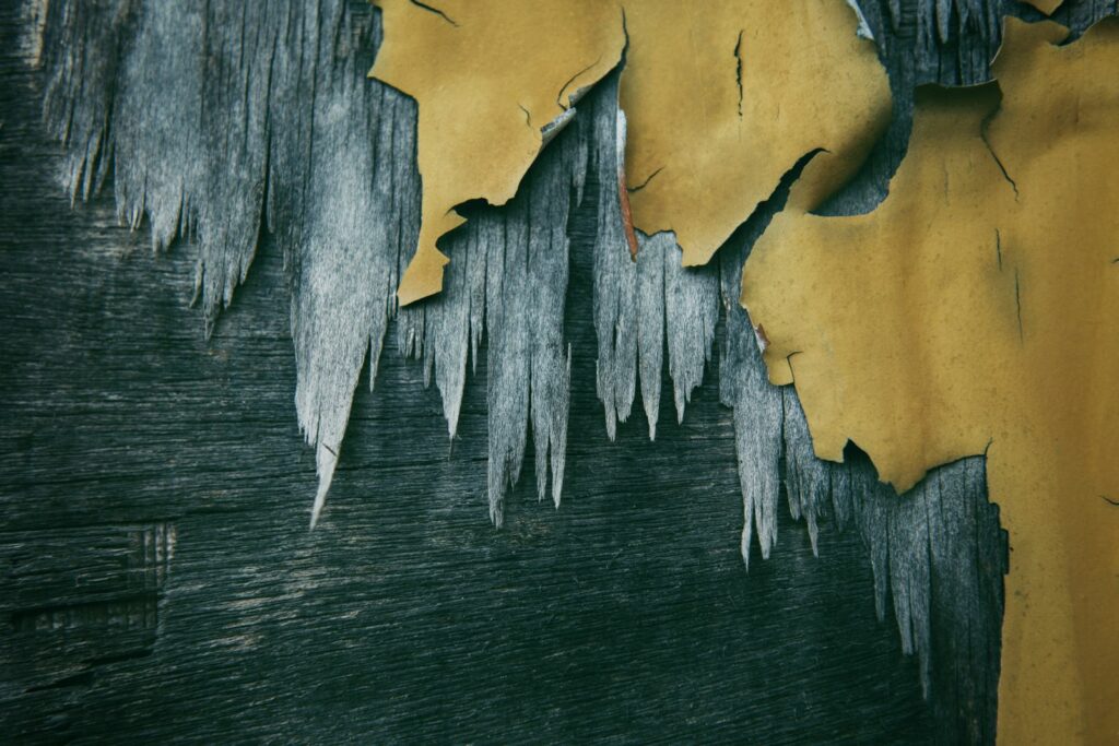 Exterior paint flaking away from a weathered timber board