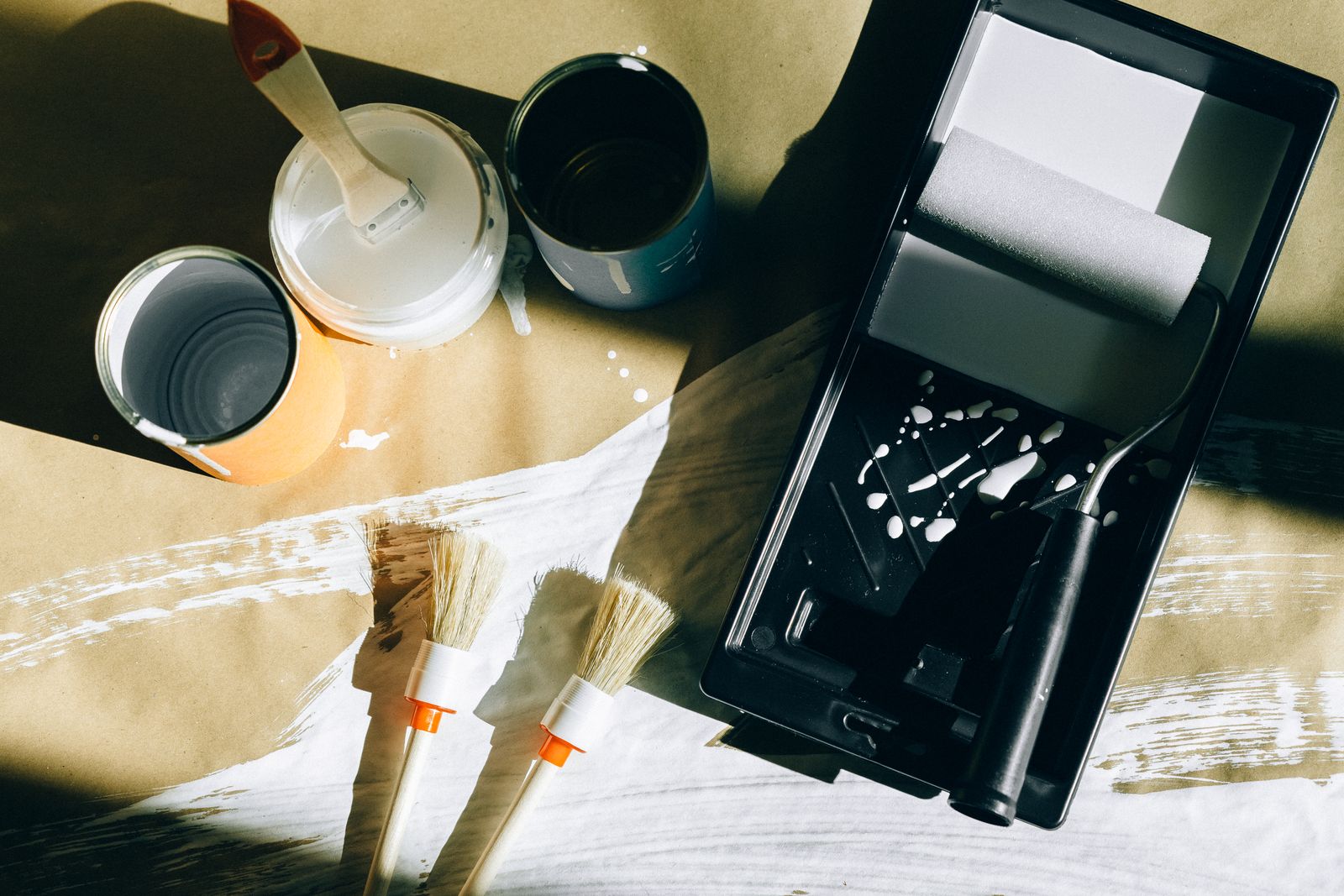 Brushes, rollers and a paint tray